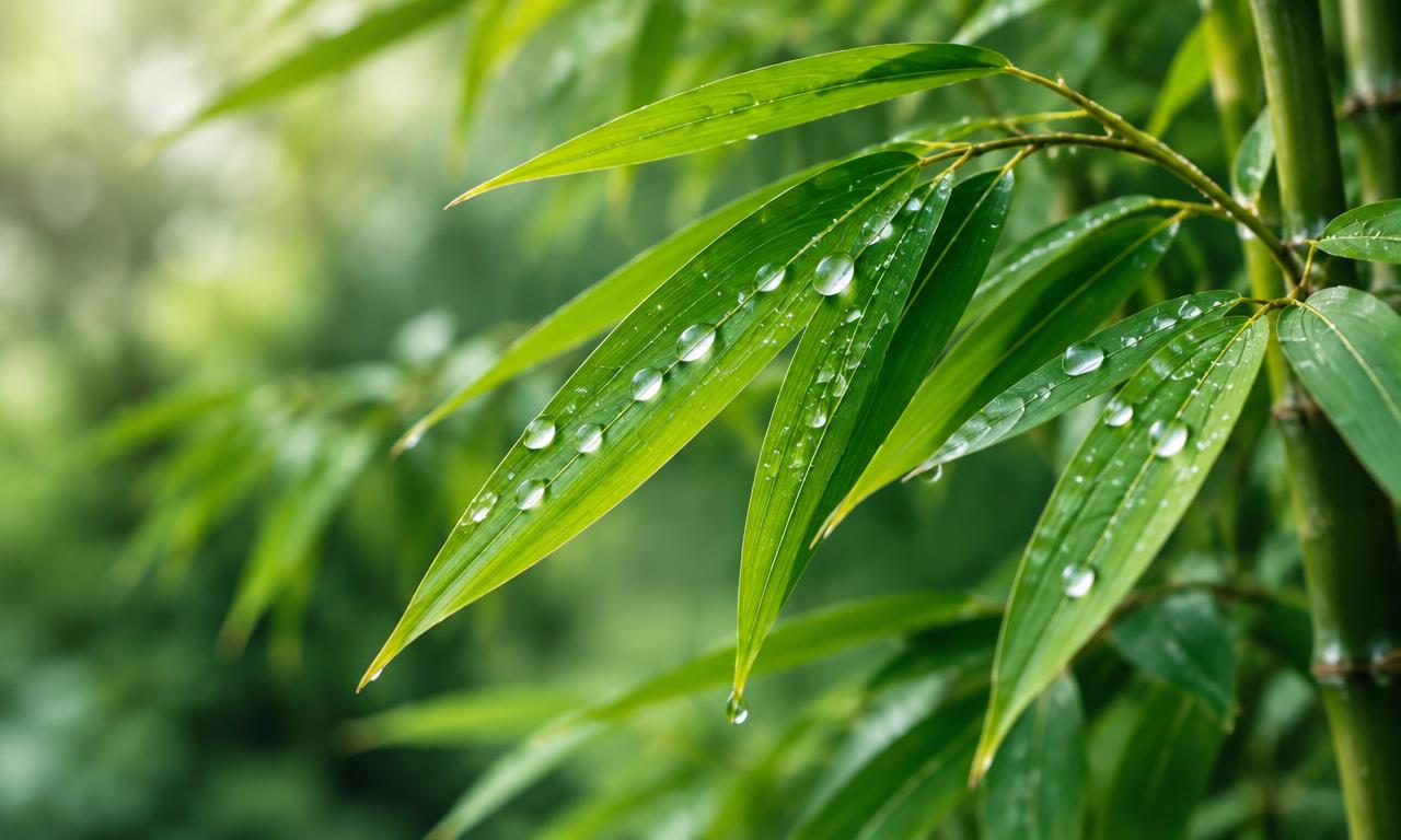 Dew drops on fresh green bamboo leaves